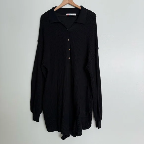 Free People Picnic Sweater Black Knit Ribbed Linen Cotton Blend Romper - Picture 4 of 9